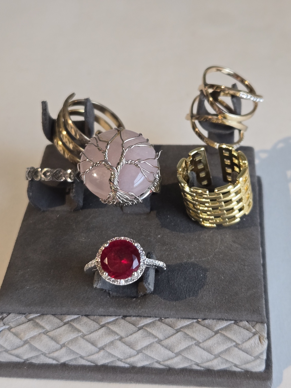 Goldtone, Pink Tree of Life Statement Ring, Gold Accent Bands